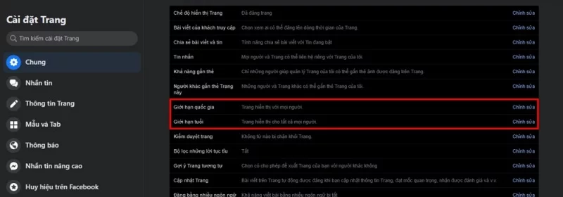 Fanpage của bạn đang giới hạn quốc gia và độ tuổi