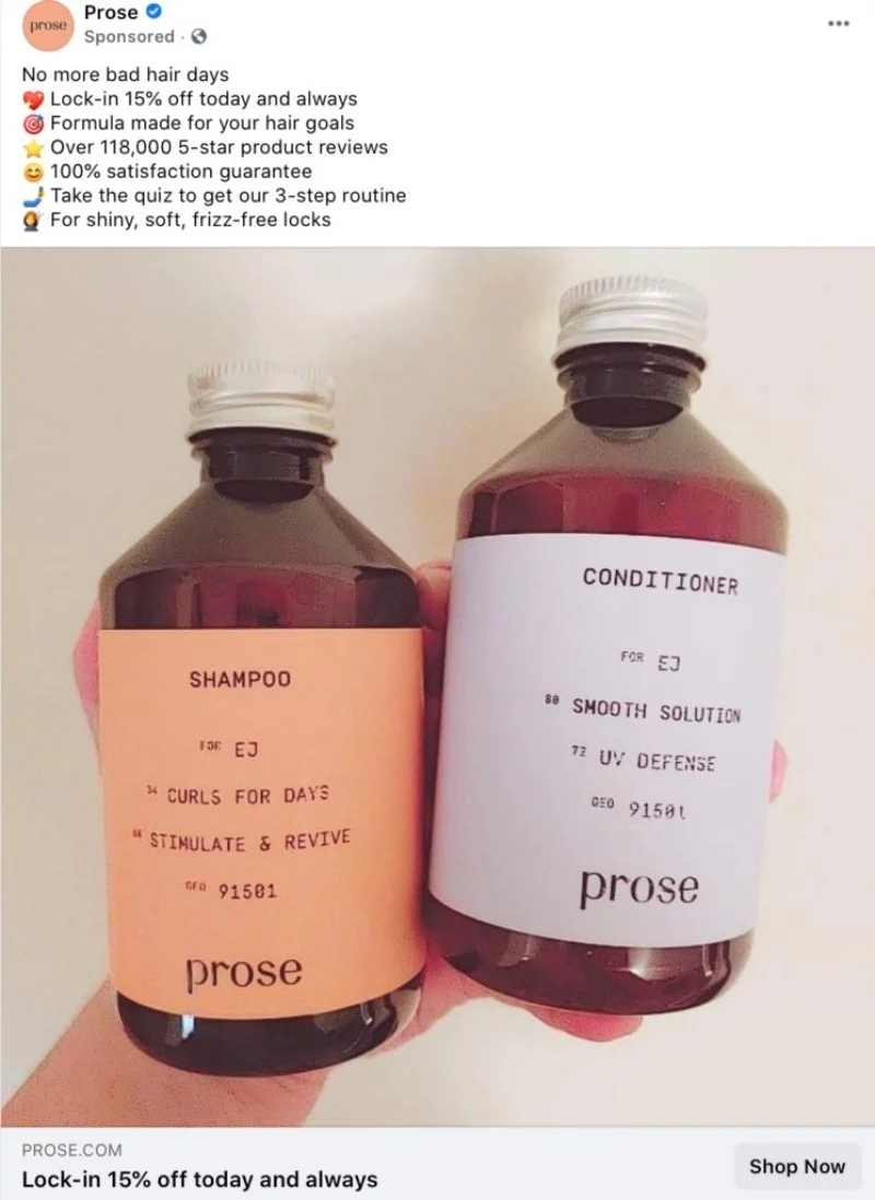 Quảng cáo của thương hiệu Prose trên Facebook