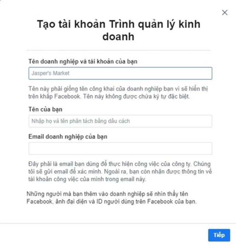 Các thông tin được yêu cầu để tạo Facebook Business.